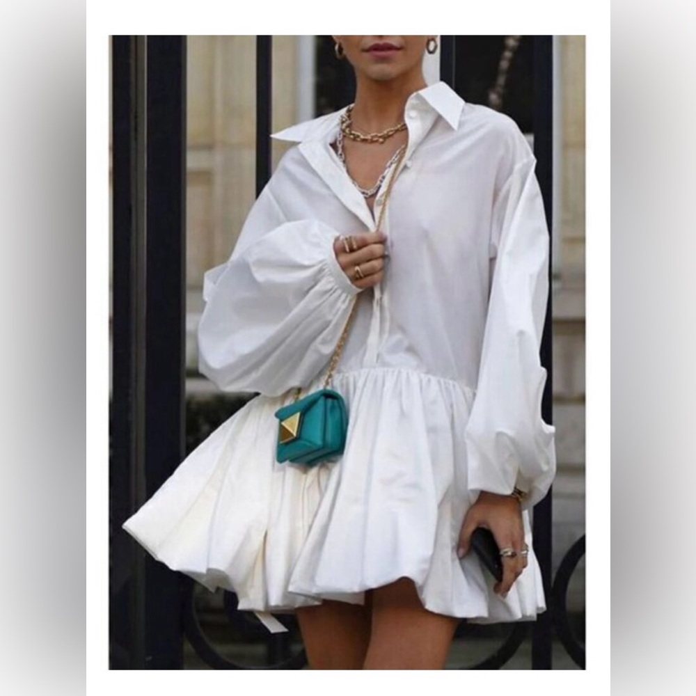 NWT COMMENSE  Balloon-Sleeve Tiered Shirt Dress